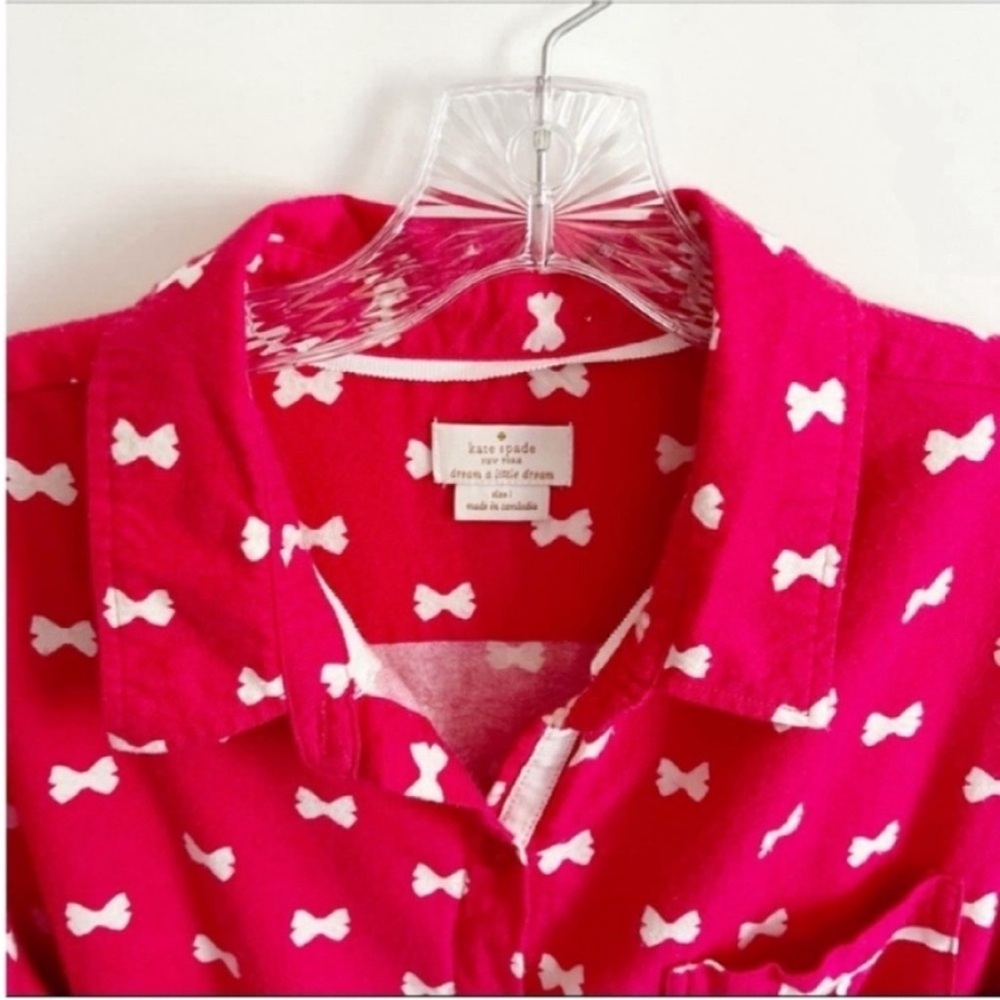 Kate Spade pajama top red white button front bows flannel pocket - Picture 5 of 8